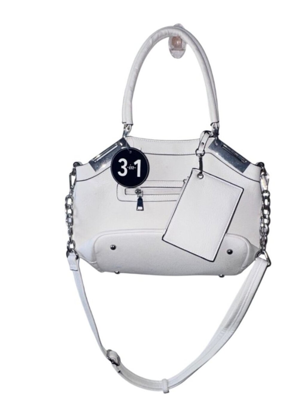 Black rivet Tote White Floral Embroidered Handbag With Adjustable Strap & Chain - Picture 3 of 10